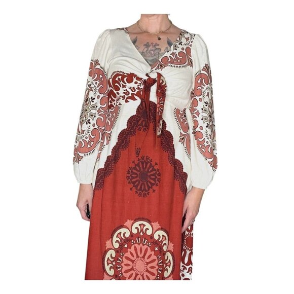 Marfinno Linen Medallion Maxi Dress Long Sleeve Cream Orange Medium - Picture 6 of 16